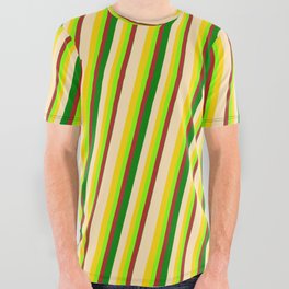 [ Thumbnail: Vibrant Beige, Yellow, Chartreuse, Red & Green Colored Pattern of Stripes All Over Graphic Tee ]