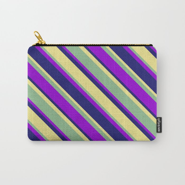 Dark Sea Green, Dark Violet, Midnight Blue, and Tan Colored Lines Pattern Carry-All Pouch