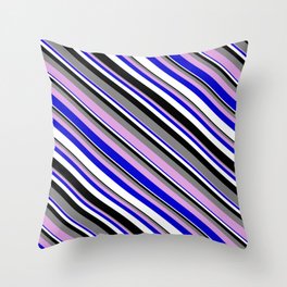 [ Thumbnail: Colorful Grey, Plum, Blue, White, and Black Colored Lined Pattern Throw Pillow ]