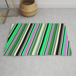 [ Thumbnail: Vibrant Green, Orchid, Forest Green, Beige & Black Colored Striped Pattern Rug ]