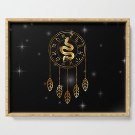Dreamcatcher Zodiac symbols astrology horoscope signs with mystic snake in gold Serving Tray