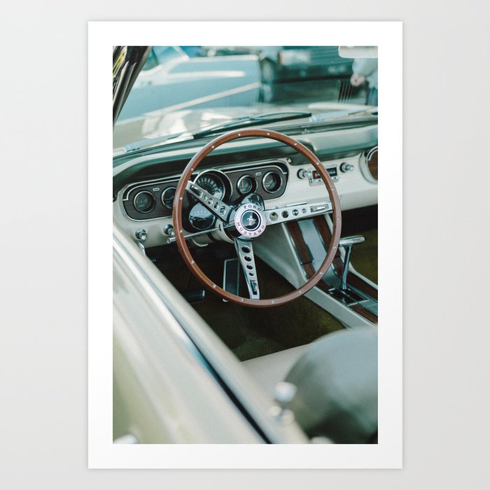Vintage Car Wheel Sage Green Leather Interior Art Print