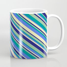 [ Thumbnail: Dark Sea Green, Dark Cyan, Royal Blue, Pale Goldenrod, and Midnight Blue Colored Stripes Pattern Coffee Mug ]