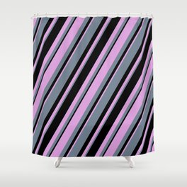 [ Thumbnail: Plum, Slate Gray, and Black Colored Lines Pattern Shower Curtain ]
