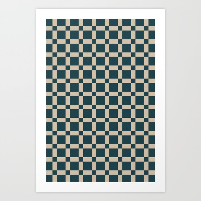 Contemporary Retro Checkerboard Pattern Tan & Bottle Green Art Print