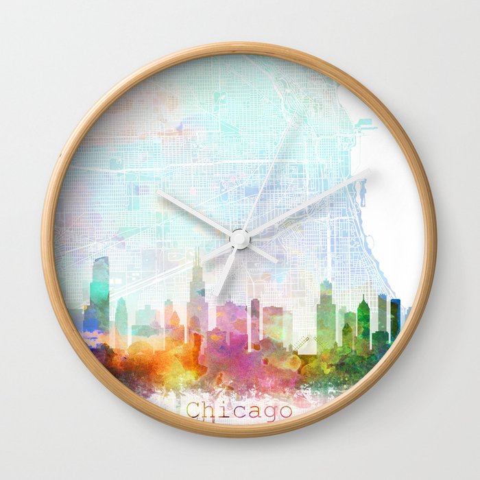 Chicago Skyline & Map Watercolor, Print by Zouzounio Art Wall Clock