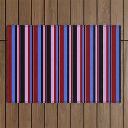 [ Thumbnail: Royal Blue, Maroon, Plum, and Black Colored Striped/Lined Pattern Outdoor Rug ]