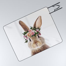 Baby Rabbit, Brown Bunny with Flower Crown, Baby Animals Art Print by Synplus Picnic Blanket