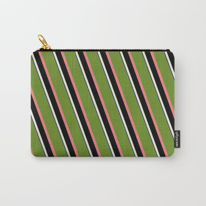 Eyecatching Green, Light Coral, Black, Beige, and Dark Blue Colored Lined/Striped Pattern Carry-All Pouch