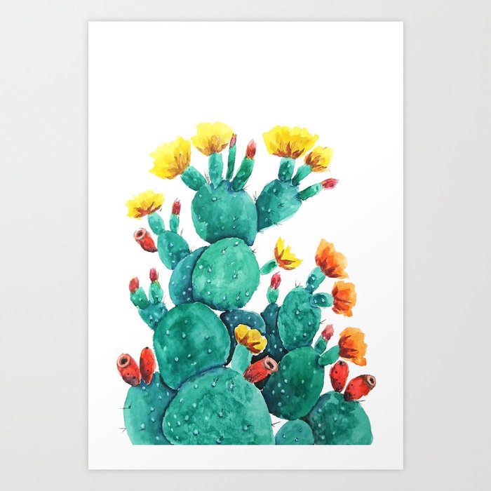 Flowering Cactus Watercolor Painting Art Print By Colorandcolor