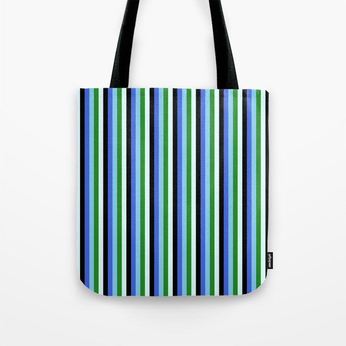 Eyecatching Royal Blue, Sky Blue, Forest Green, Light Cyan, and Black Colored Lines/Stripes Pattern Tote Bag