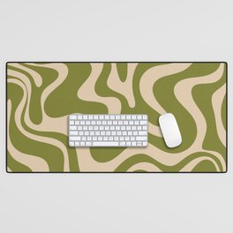 Retro Liquid Swirl Abstract Pattern in Mid Mod Olive Green and Beige Desk Mat