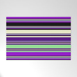 [ Thumbnail: Eyecatching Light Yellow, Indigo, Light Green, Dark Violet & Black Colored Stripes/Lines Pattern Welcome Mat ]
