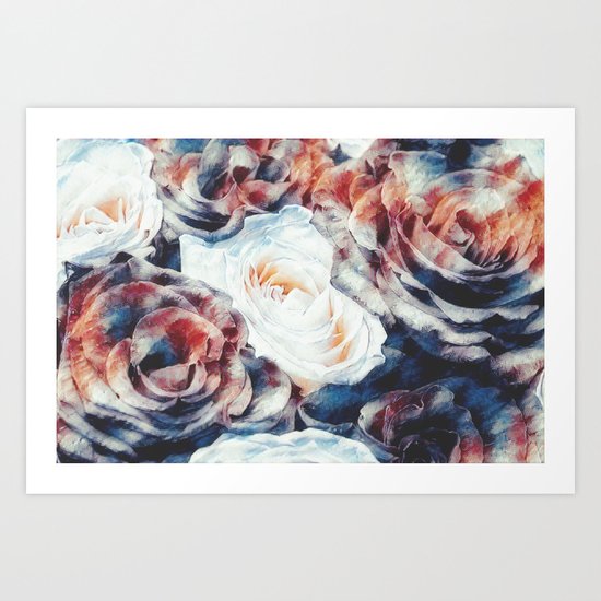 Roses print in retro drawing style watercolor digital Art Print