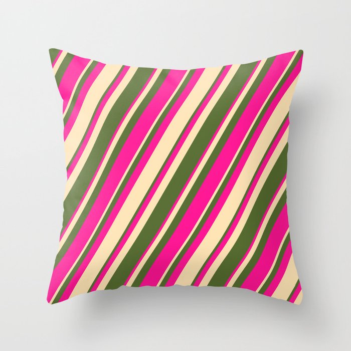 Dark Olive Green, Deep Pink, and Beige Colored Stripes/Lines Pattern Throw Pillow