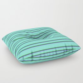 [ Thumbnail: Aquamarine, Forest Green, and Slate Blue Colored Lined Pattern Floor Pillow ]