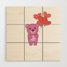 Bear Cute Animals With Hearts Balloons To Wood Wall Art