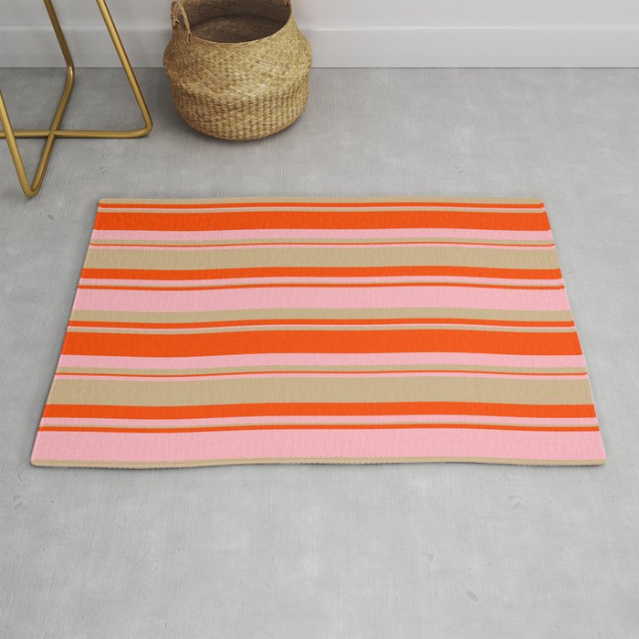 Red, Light Pink, and Tan Colored Lined/Striped Pattern Rug