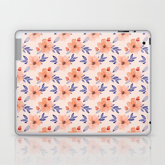Coral and Blue Floral Print - Handpainted Watercolor Repeat Pattern Laptop & iPad Skin