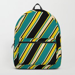 [ Thumbnail: Dark Cyan, Beige, Black, and Yellow Colored Lines/Stripes Pattern Backpack ]