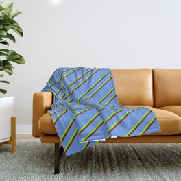 [ Thumbnail: Cornflower Blue, Green, and Maroon Colored Stripes/Lines Pattern Throw Blanket ]
