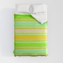 [ Thumbnail: Green, Chartreuse, Yellow & Tan Colored Stripes/Lines Pattern Comforter ]