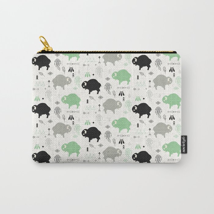 Seamless pattern with cute baby buffaloes and native American symbols, white Carry-All Pouch