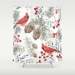 Christmas seamless pattern, cardinal birds, red berries, fir twigs, cedar cones, white background. Vintage illustration. Nature design. Season greeting. Winter Xmas holidays Shower Curtain