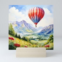 Hot Air Balloon Flying over Mountains - Watercolor Landscape Mini Art Print