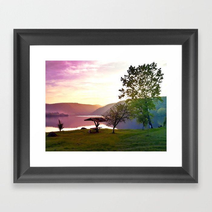 Colorful rainbow mountain lake shore sunset landscape Framed Art Print