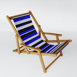 [ Thumbnail: Blue, Light Gray & Black Colored Striped Pattern Sling Chair ]