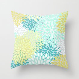 Floral Prints, Teal, Turquoise and Yellow Throw Pillow