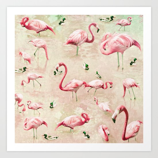 Flamingos Vintage Pink Art Print