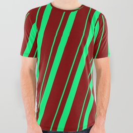 [ Thumbnail: Green & Maroon Colored Lines Pattern All Over Graphic Tee ]