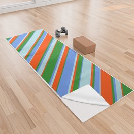[ Thumbnail: Cornflower Blue, Forest Green, Red, and Powder Blue Colored Lines Pattern Yoga Towel ]