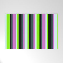 [ Thumbnail: Dark Slate Gray, Orchid, Light Cyan, Chartreuse & Black Colored Lines/Stripes Pattern Welcome Mat ]