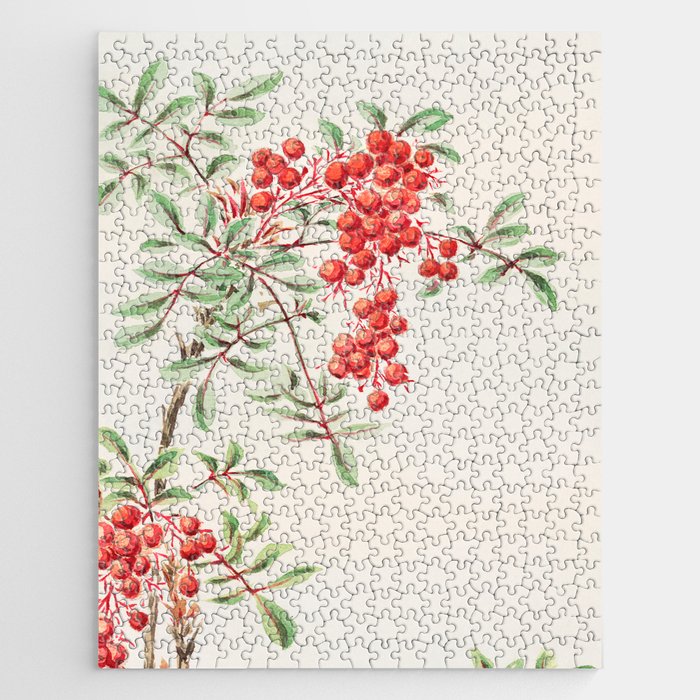 Vintage Japanese Painting Of Red Berry-Botanical Green Leaves Plant Jigsaw Puzzle