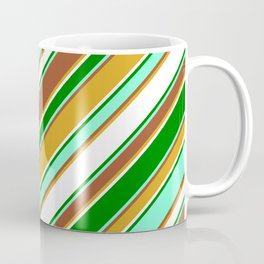 [ Thumbnail: Vibrant Aquamarine, Sienna, Goldenrod, White & Green Colored Lines/Stripes Pattern Coffee Mug ]