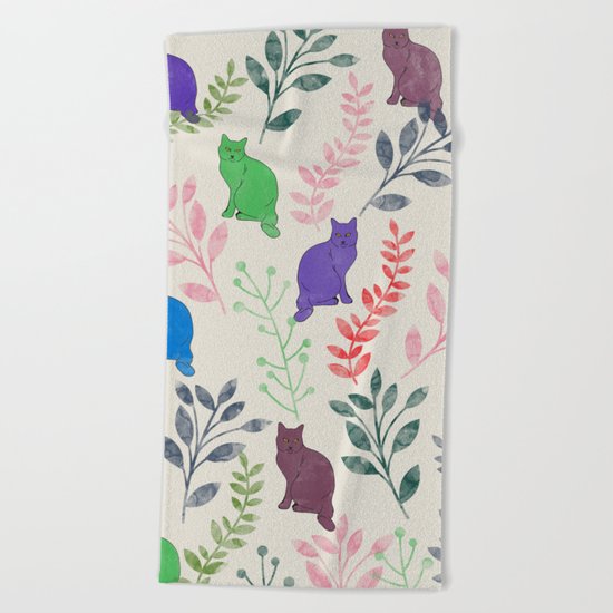 Watercolor Floral and Cat IX Beach Towel