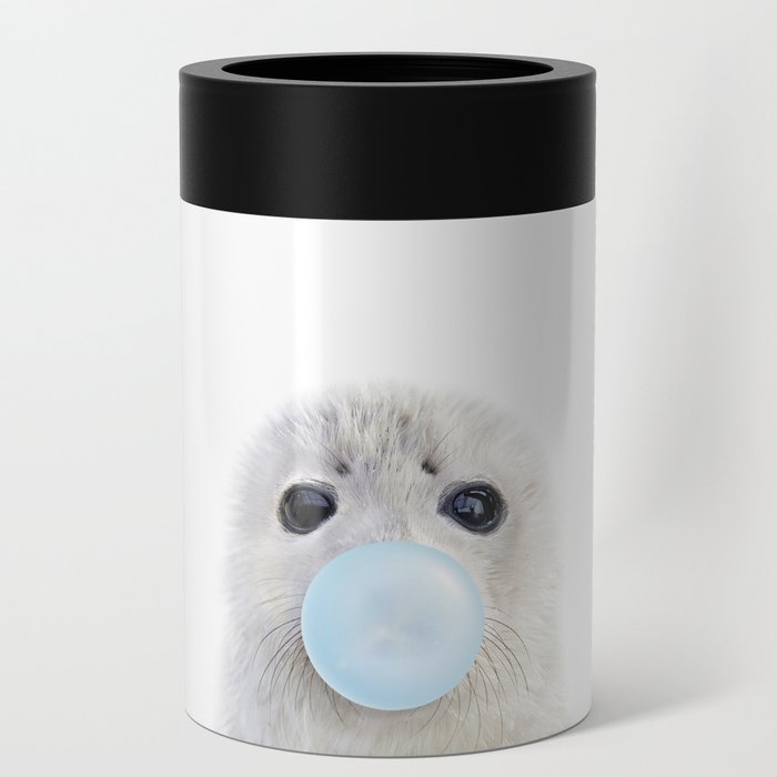 Baby Seal Blowing Blue Bubble Gum, Baby Boy, Art for Kids, Baby Animals Art Print by Synplus Can Cooler