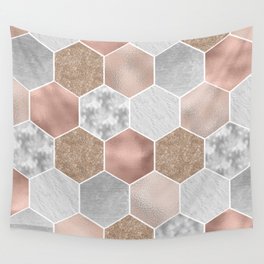 Gentle rose gold and marble hexagons Wall Tapestry