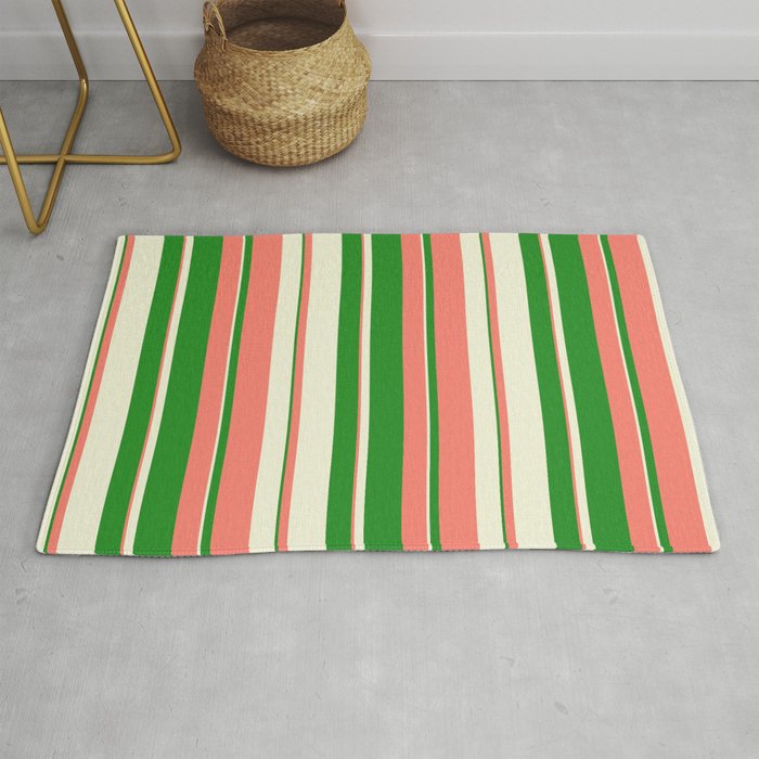 Salmon, Forest Green & Beige Colored Lined Pattern Rug