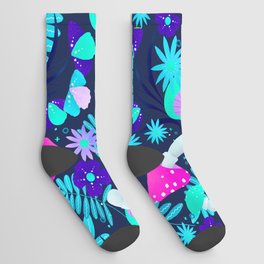turquoise and pink mushrooms and flowers Socks