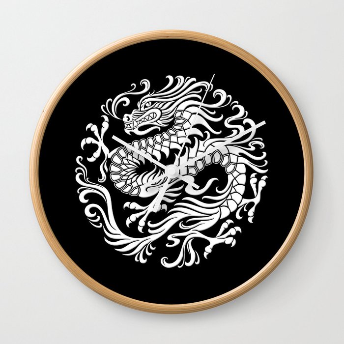 Traditional White And Black Chinese Dragon Circle Wall Clock By Jeffbartels