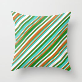 [ Thumbnail: Chocolate, Forest Green, Turquoise, and White Colored Stripes/Lines Pattern Throw Pillow ]