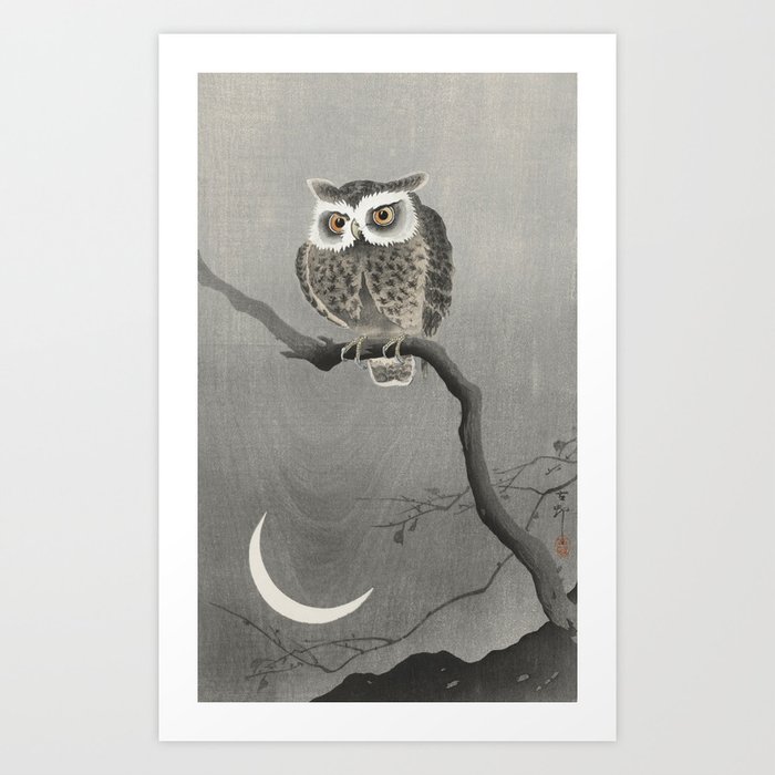 Long-eared owl on bare tree branch (1900 - 1930) by Ohara Koson Art Print