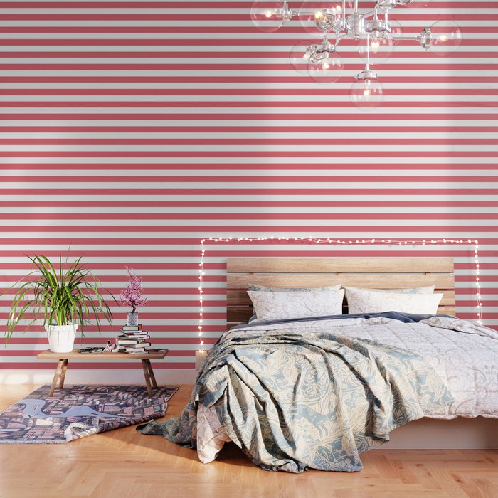 Light carmine pink - solid color - white stripes pattern Wallpaper