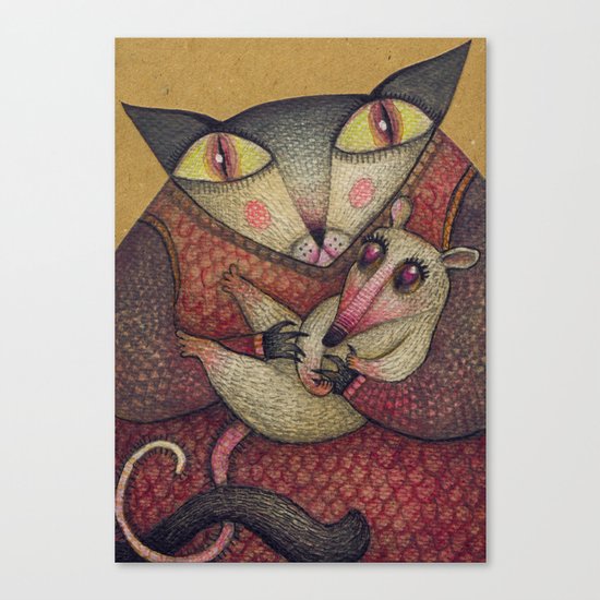 Little orphaned rat adopted by Mother Cat Canvas Print