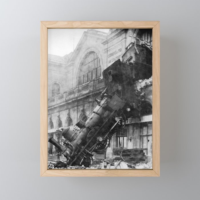 Train Wreck out a French Station Black and White Photographic Art Print Framed Mini Art Print