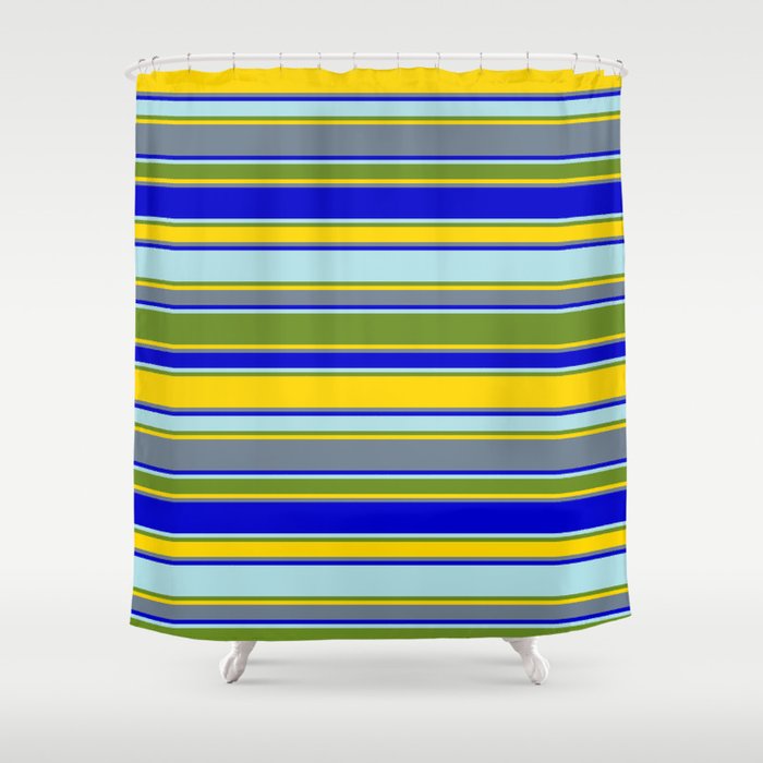 Colorful Powder Blue, Green, Yellow, Slate Gray & Blue Colored Striped Pattern Shower Curtain